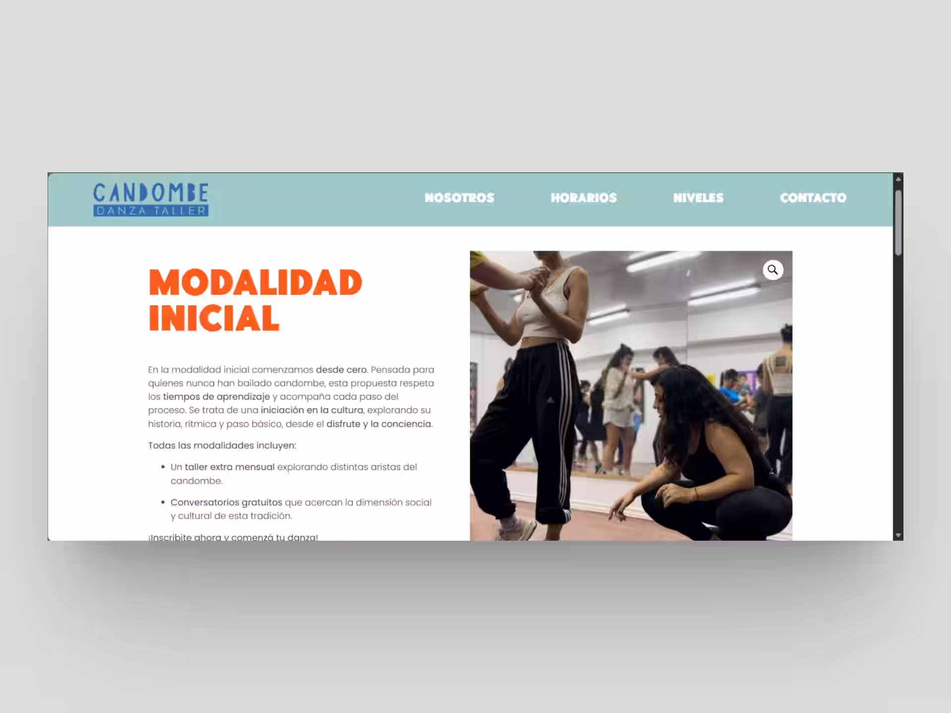 mockup de página web para escuela de baile